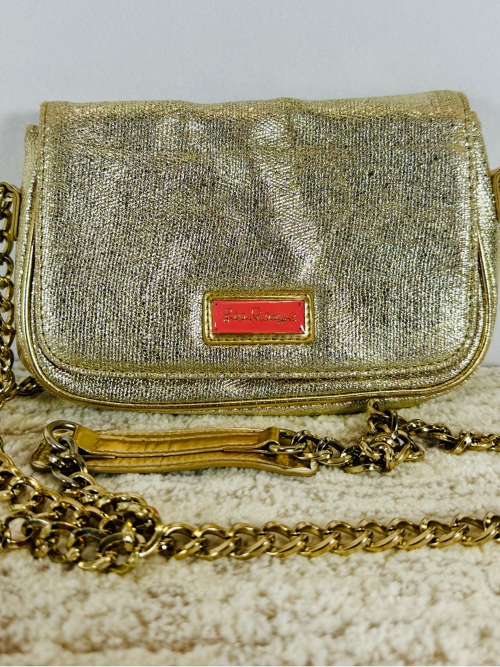 Lilly Pulitzer Gold Metallic Crossbody with Coral Plaque